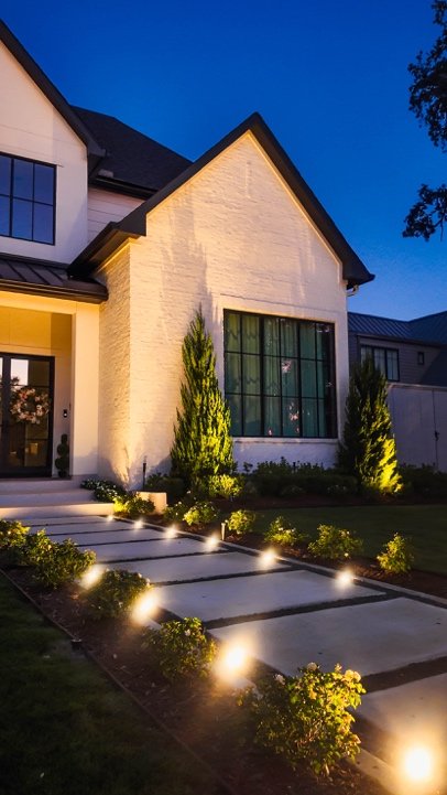 front yard with modern landscape lighting at night