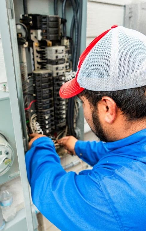Open residential electrical panel with organized wiring and circuit breakers