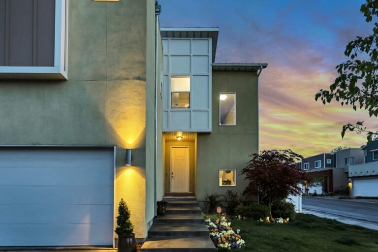 A house with exterior lighting