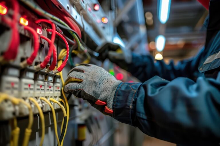 Technician wearing protective gloves adjusting wiring connections inside an industrial electrical control panel