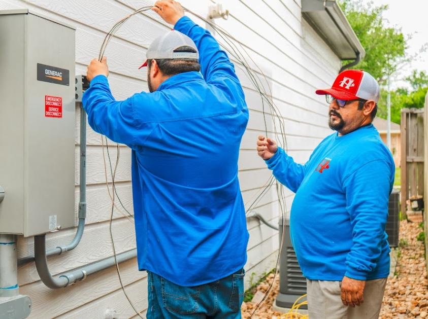 texas-electricians-installing-generator-transfer-switch Two electricians installing wiring for a generator transfer switch outside a Texas home